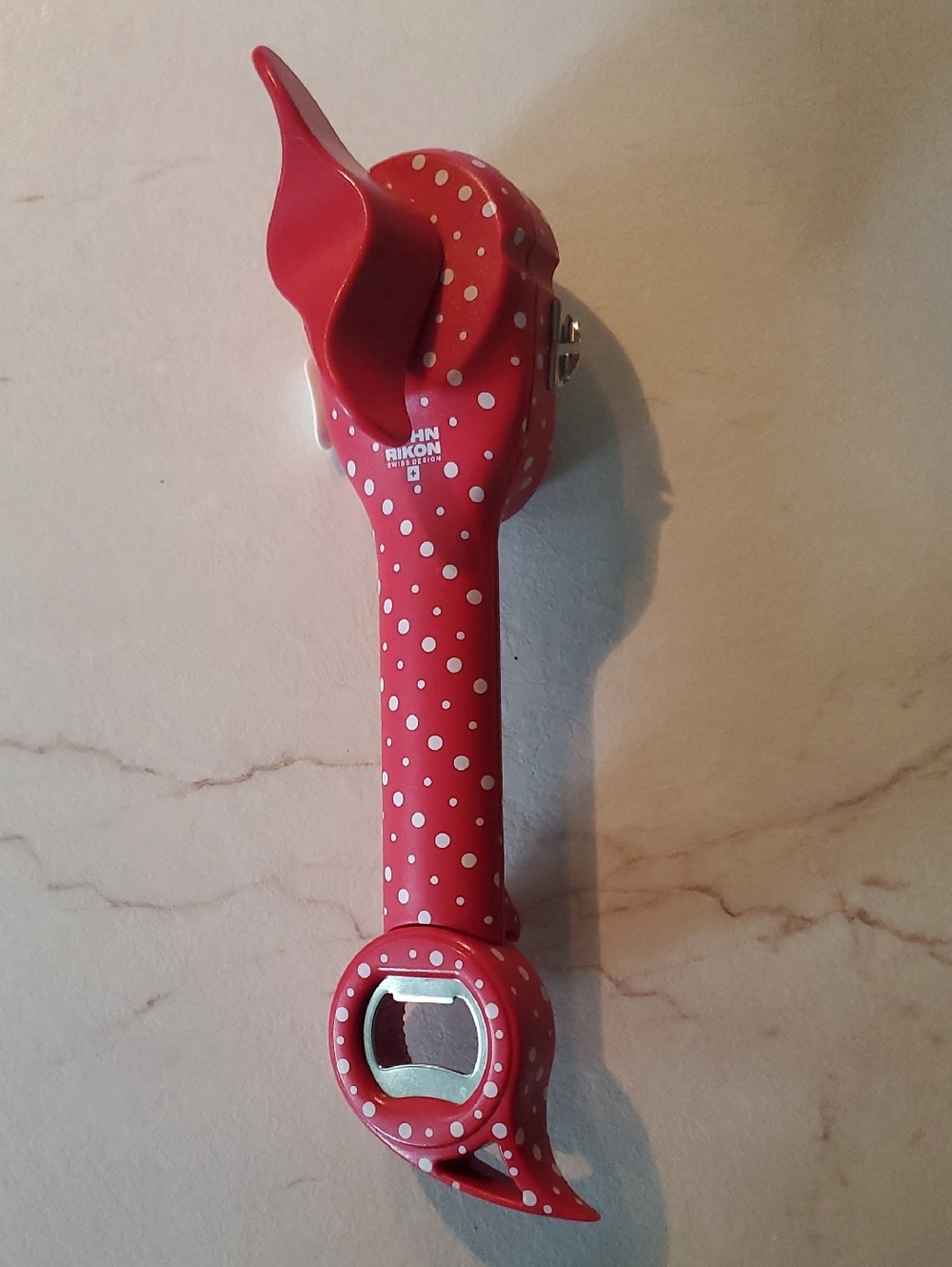 Red Polka Dot Jar Opener with Built-In Bottle Cap Tool
